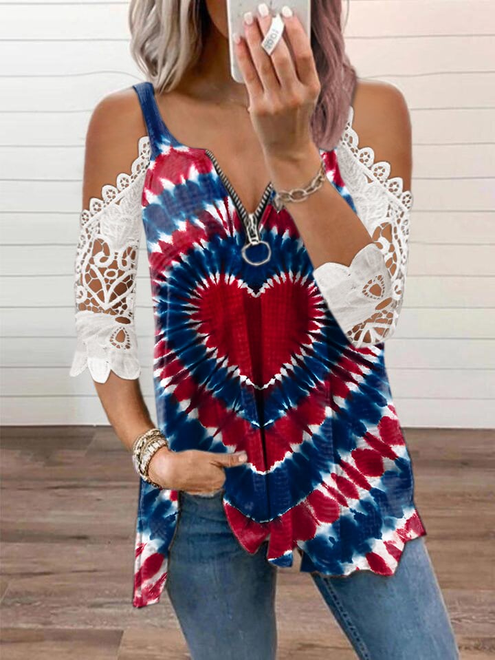 Women's Independence Day Flag Print V Neck T-Shirt