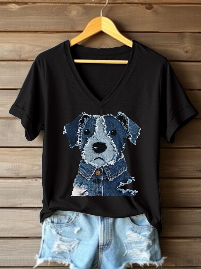 Women's Retro Funny Animal Dog Print V-Neck T-Shirt