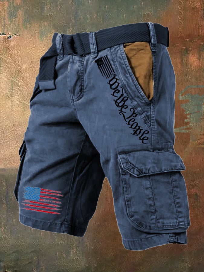 Men's Vintage Flag Independence Day Multi-Pocket Print Cargo Shorts (Belt Included)