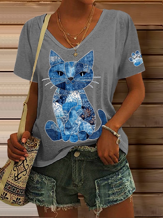 Women's Retro Animal Cat Print V-Neck T-Shirt
