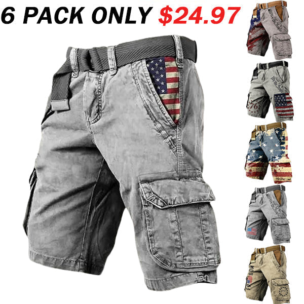 Men's Vintage Flag Independence Day Multi-Pocket Print Cargo Shorts (Belt Included)