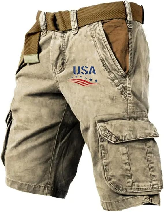 Men's Vintage Flag Independence Day Multi-Pocket Print Cargo Shorts (Belt Included)