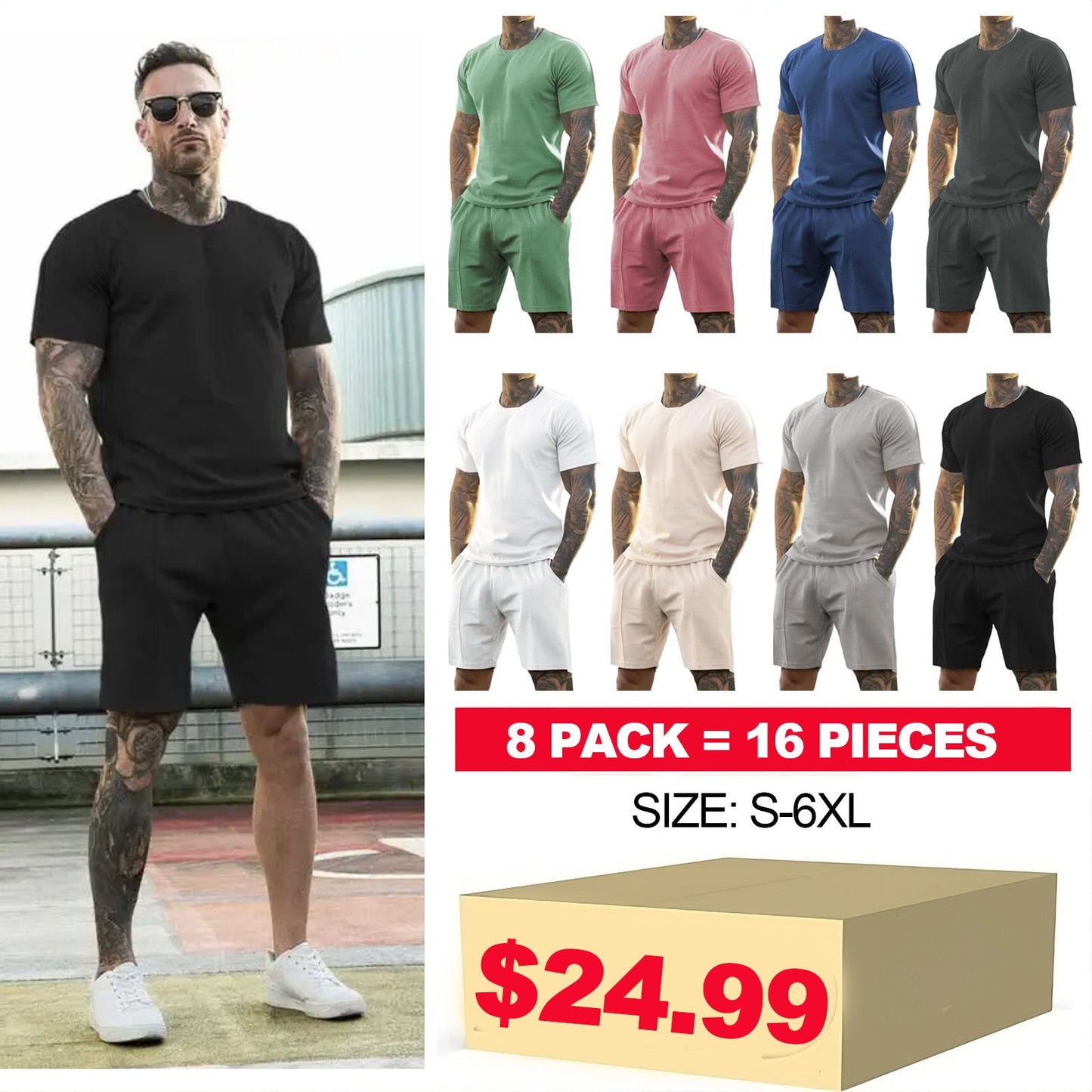 8 Pack-Mens Short Sets 2 Piece Outfits Fashion Summer Tracksuits Casual Set