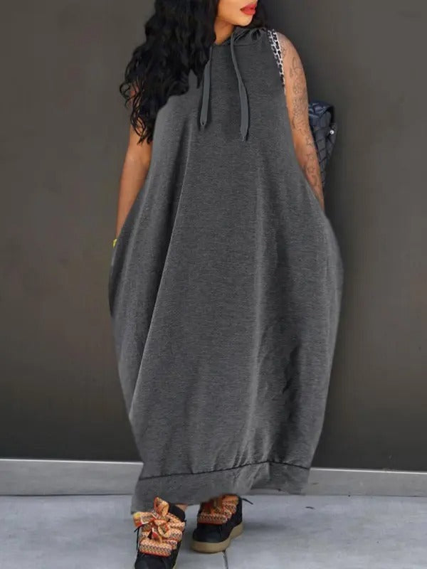 š„Last day promotionā°-Women's Plain Drawstring Hooded Tank Dress, Casual Pocket Sleeveless Maxi Dress for Summer, Fashion Women's Clothing for Daily Wear