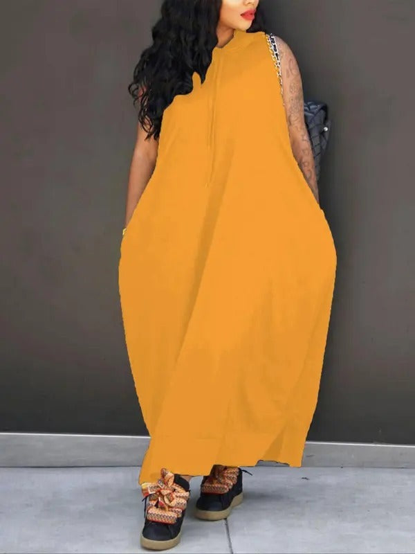š„Last day promotionā°-Women's Plain Drawstring Hooded Tank Dress, Casual Pocket Sleeveless Maxi Dress for Summer, Fashion Women's Clothing for Daily Wear