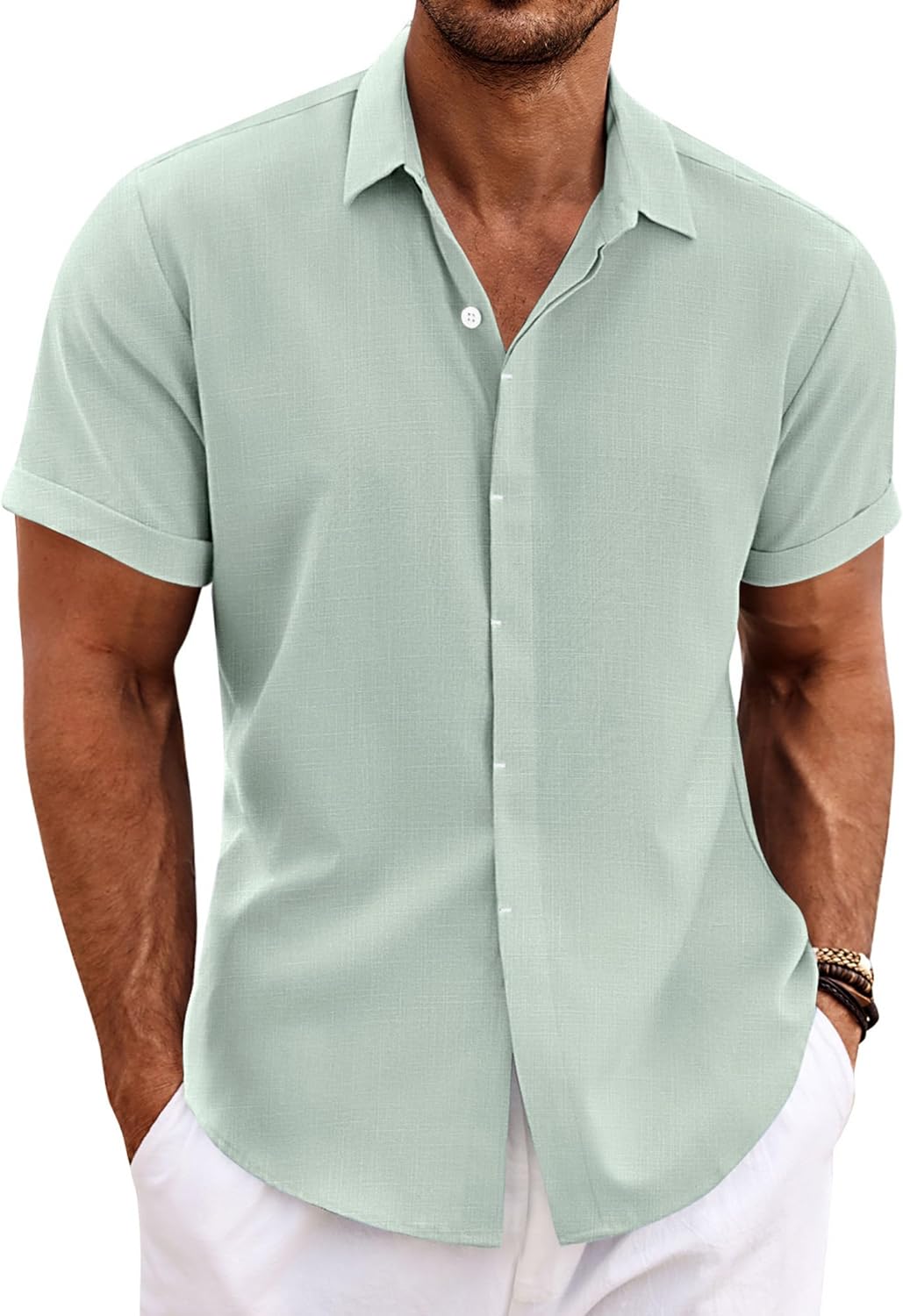 🔥Men's Linen Shirts Short Sleeve Casual Shirts Button Down Shirt for Men Beach Summer Wedding Shirt