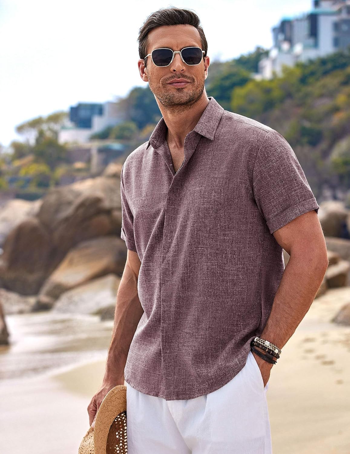 🔥Men's Linen Shirts Short Sleeve Casual Shirts Button Down Shirt for Men Beach Summer Wedding Shirt