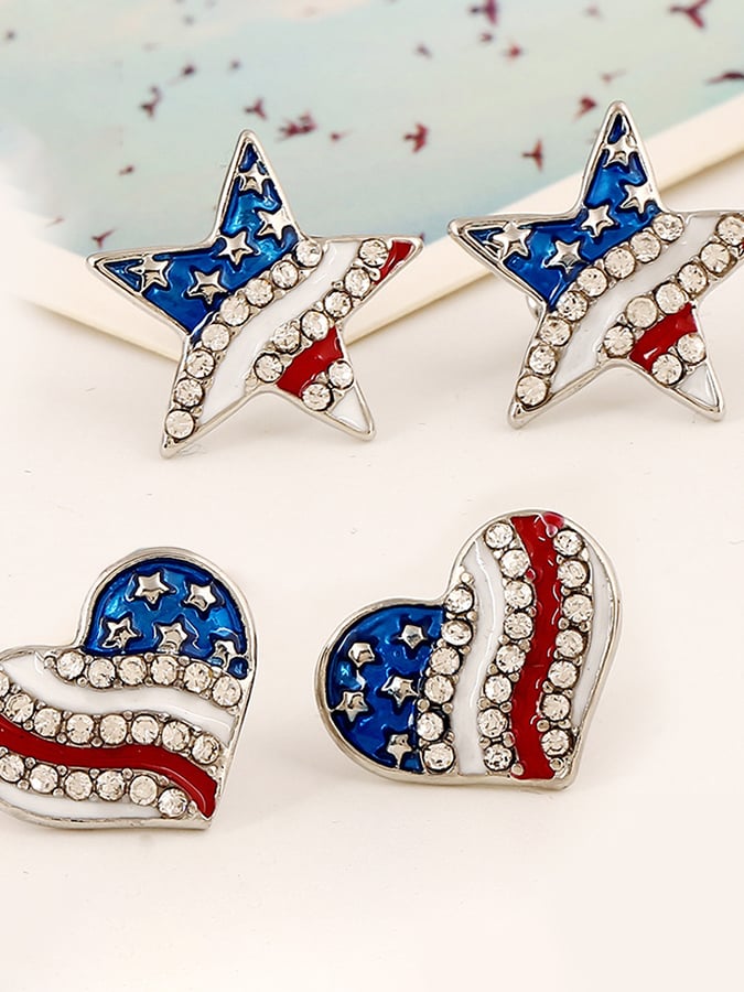 Personality Fashion Versatile National Flag Color Rhinestone Drip Oil Stud Earrings