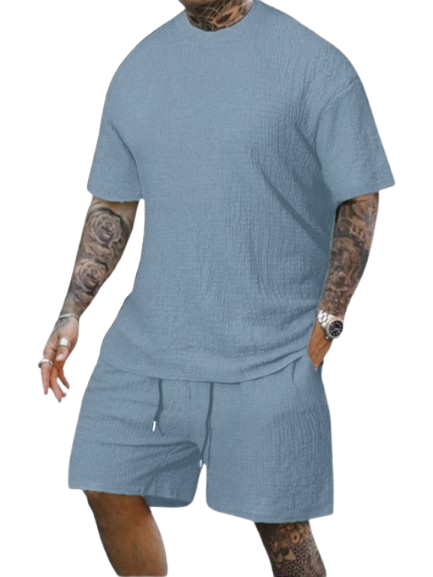 8 Pack-Men's Solid Textured Round Neck Tee & Drawstring Waist Shorts