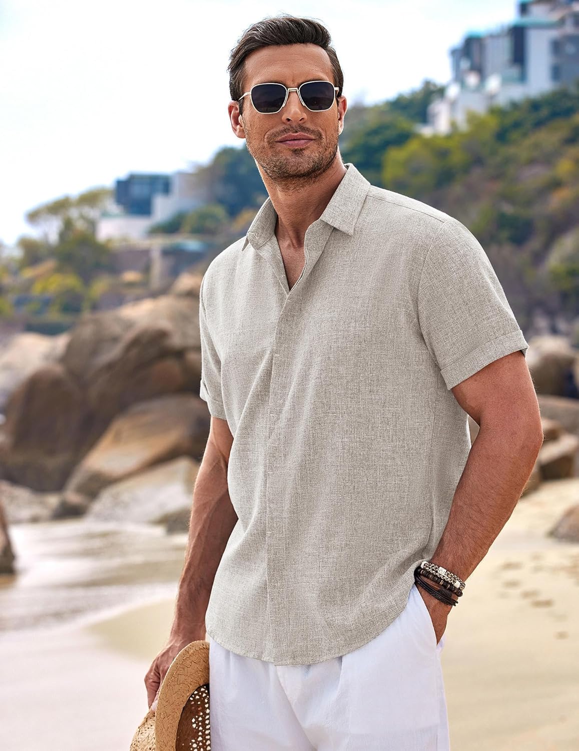 🔥Men's Linen Shirts Short Sleeve Casual Shirts Button Down Shirt for Men Beach Summer Wedding Shirt