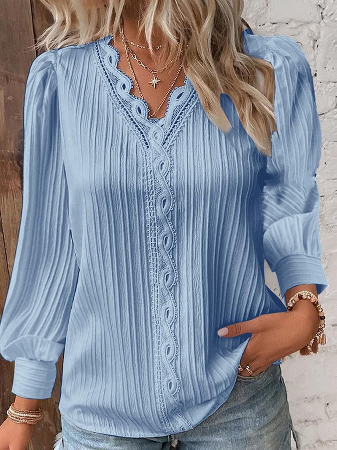 Women's Lace Patchwork Fashion V-Neck Jacquard Long Sleeve Shirt