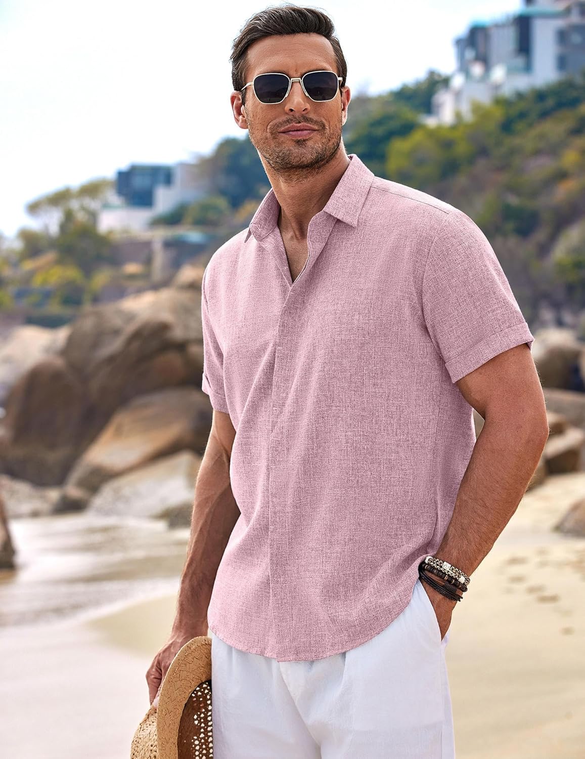 🔥Men's Linen Shirts Short Sleeve Casual Shirts Button Down Shirt for Men Beach Summer Wedding Shirt