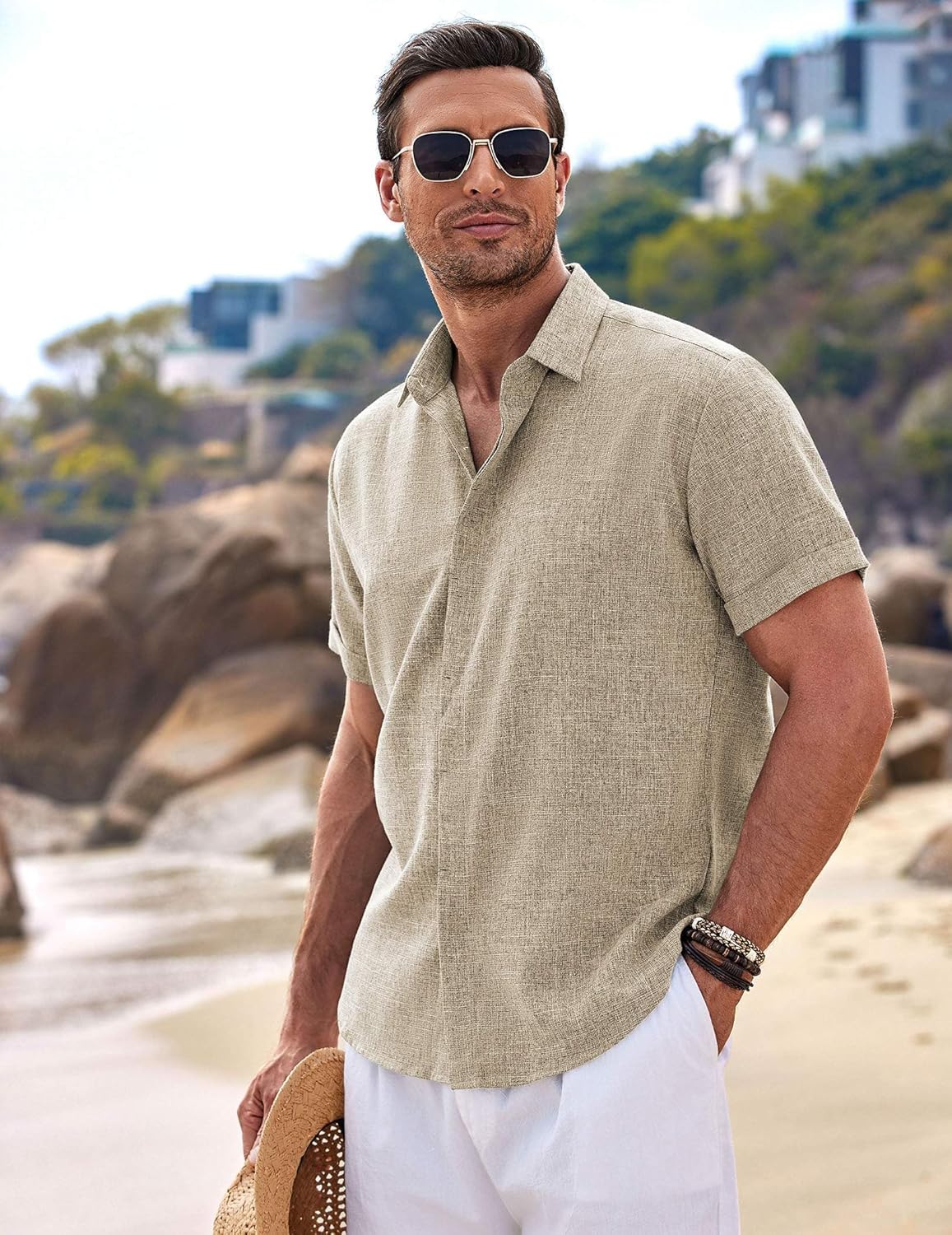 🔥Men's Linen Shirts Short Sleeve Casual Shirts Button Down Shirt for Men Beach Summer Wedding Shirt