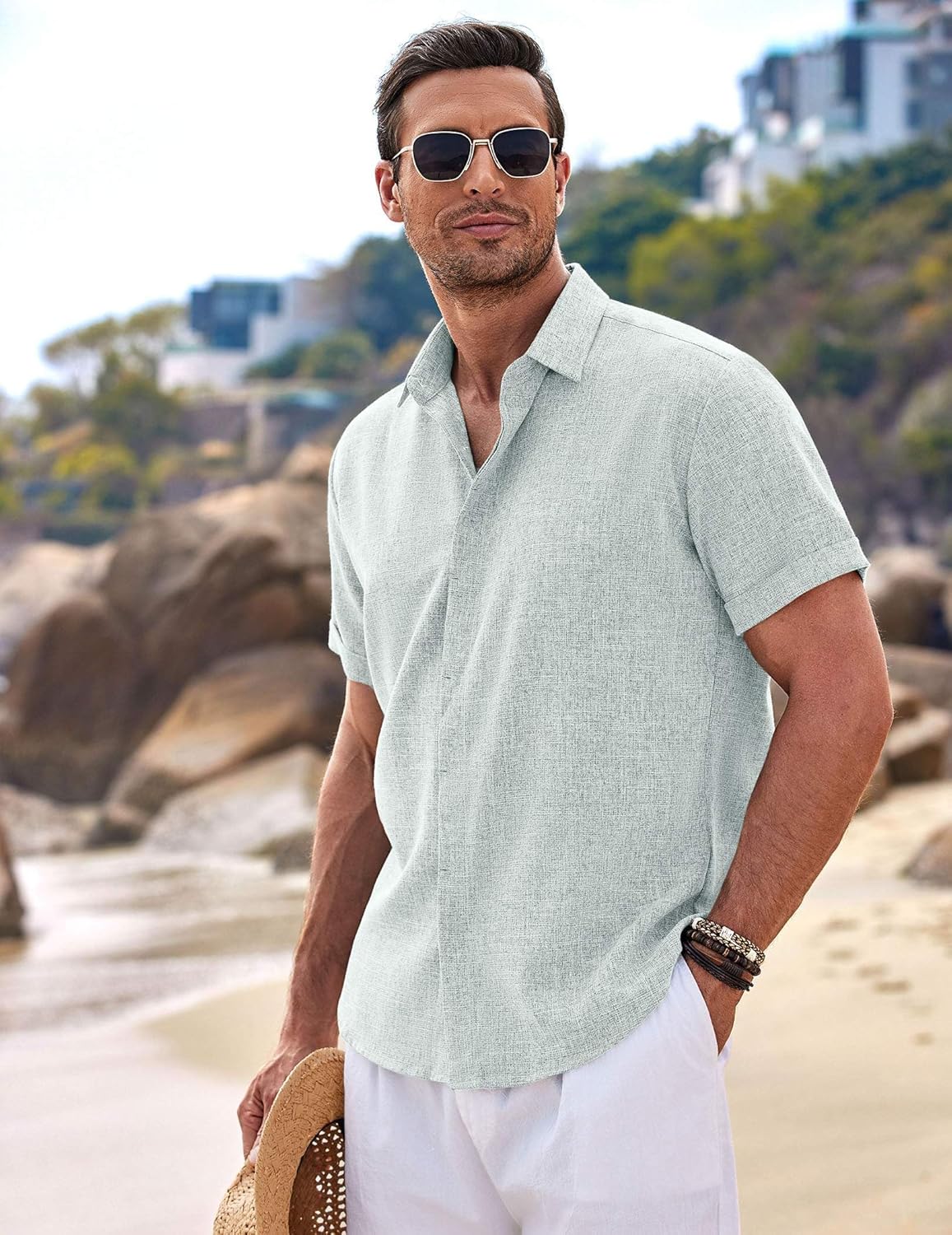 🔥Men's Linen Shirts Short Sleeve Casual Shirts Button Down Shirt for Men Beach Summer Wedding Shirt