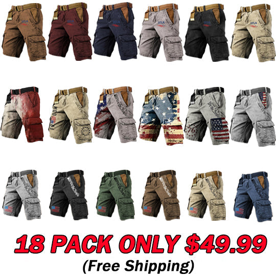 Men's Vintage Flag Independence Day Multi-Pocket Print Cargo Shorts (Belt Included)
