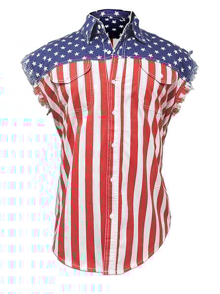 Men's American Flag Denim Sleeveless Cycling Vest Denim Jacket Shirt