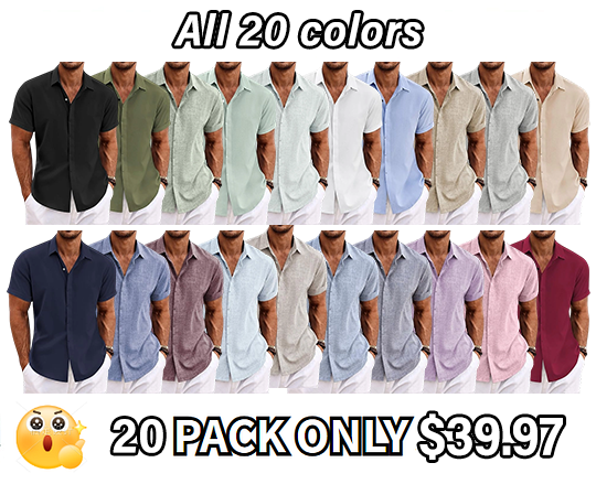 🔥Men's Linen Shirts Short Sleeve Casual Shirts Button Down Shirt for Men Beach Summer Wedding Shirt