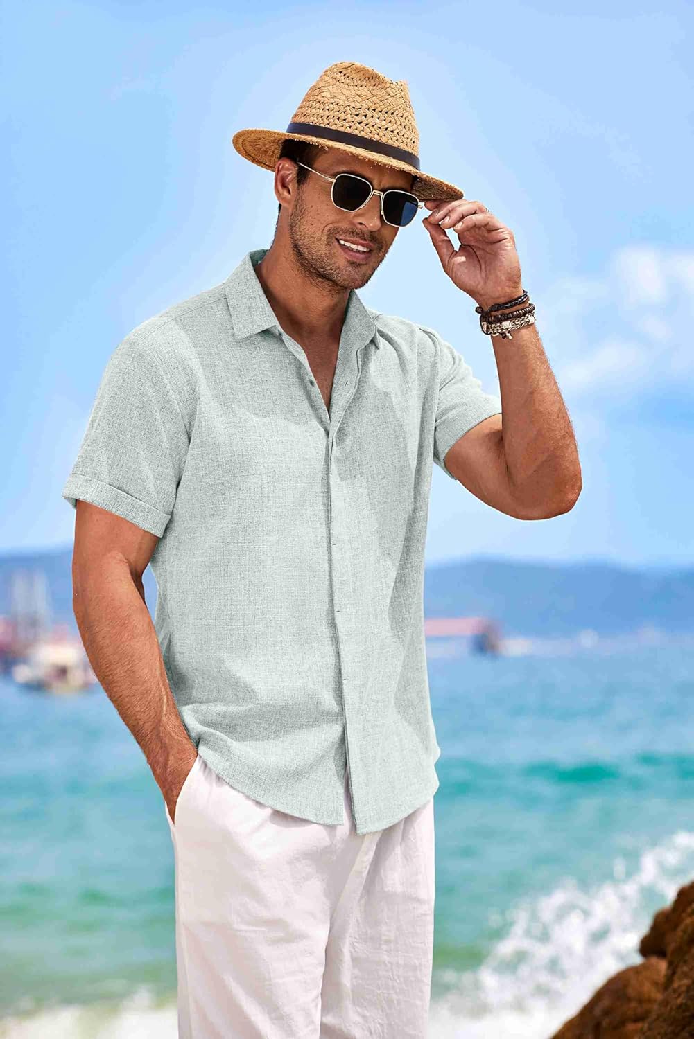 🔥Men's Linen Shirts Short Sleeve Casual Shirts Button Down Shirt for Men Beach Summer Wedding Shirt