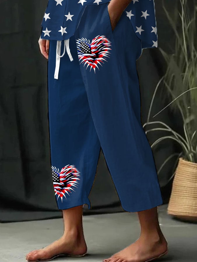 Women's Retro Independence Day Flag Heart Fireworks Print Wide Leg Pants