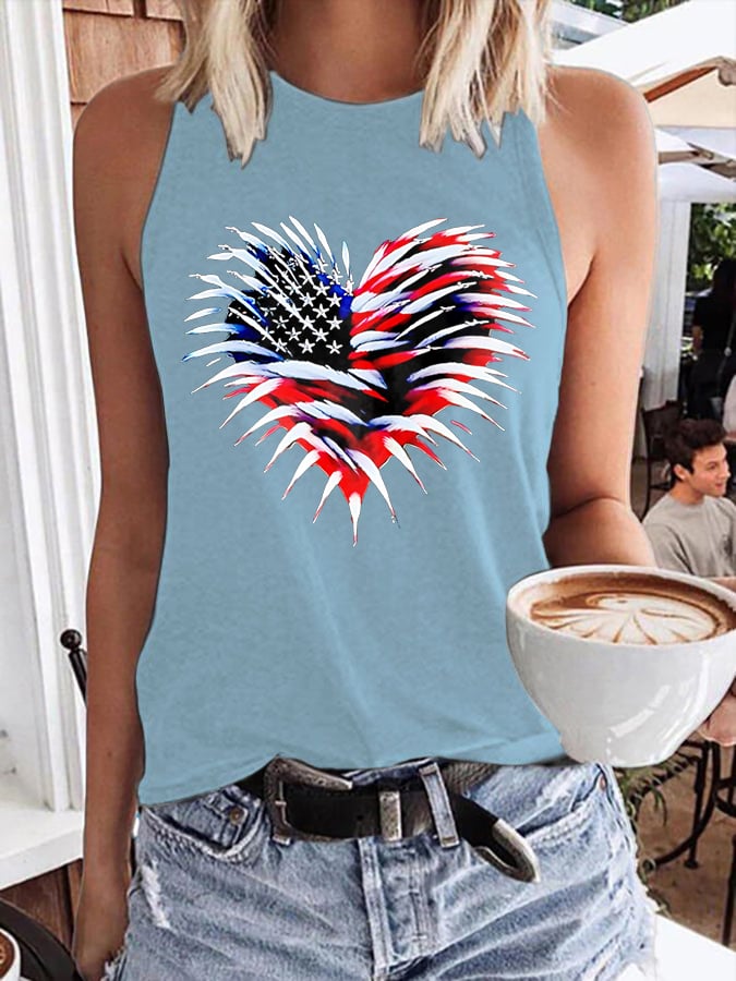 Women's Retro Independence Day Flag Heart Fireworks Print Round Neck Tank Top