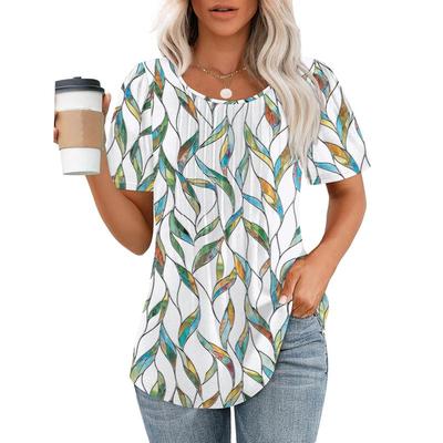 🔥Last Day Promotion🔥Womens T Shirts Short Sleeve Pleated Dressy Casual Scooped Neck Summer Tops Blouses