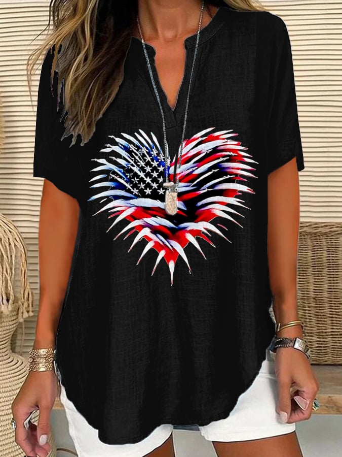 Women's Retro Independence Day Flag Heart Fireworks Print Short Sleeve Shirt