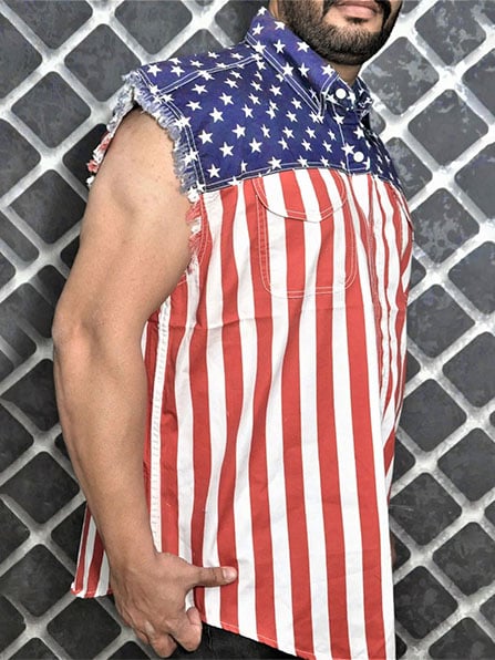 Men's American Flag Denim Sleeveless Cycling Vest Denim Jacket Shirt