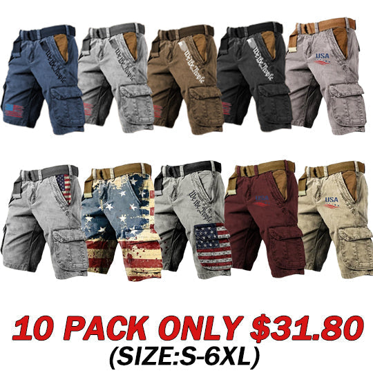 Men's Vintage Flag Independence Day Multi-Pocket Print Cargo Shorts (Belt Included)
