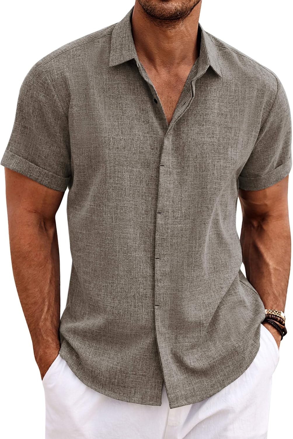 🔥Men's Linen Shirts Short Sleeve Casual Shirts Button Down Shirt for Men Beach Summer Wedding Shirt