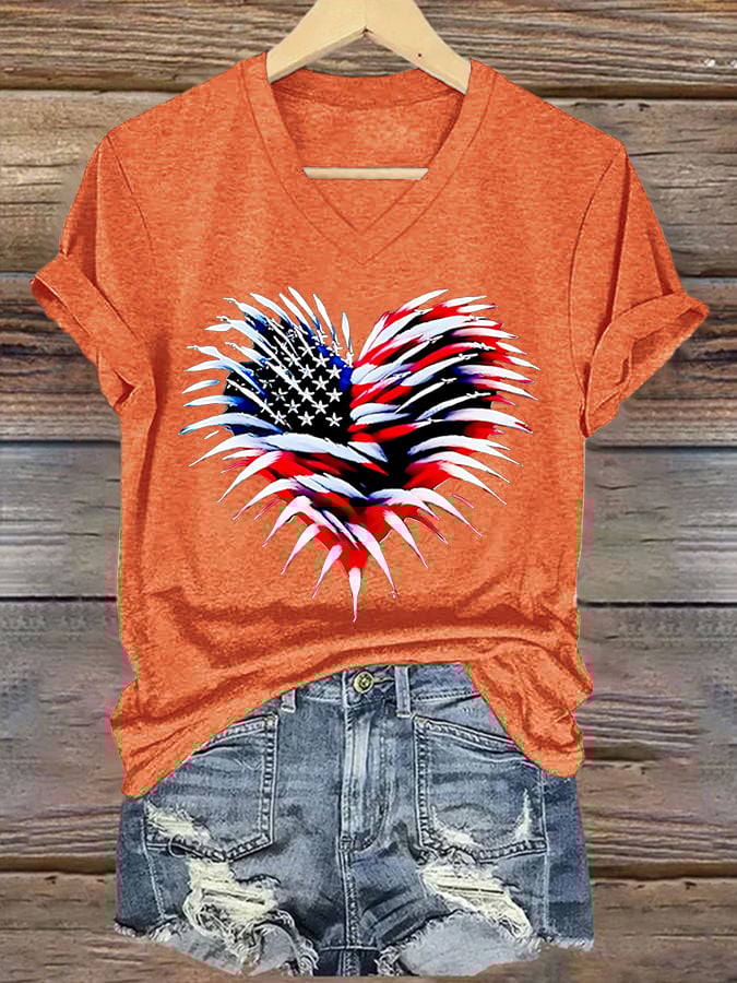 Retro Independence Day Flag Heart Fireworks Print V-Neck T-Shirt