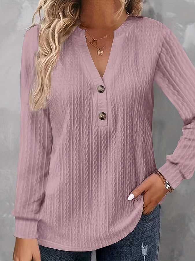 Women's Jacquard Casual Long Sleeve Solid Color V-Neck Button Knit Shirt
