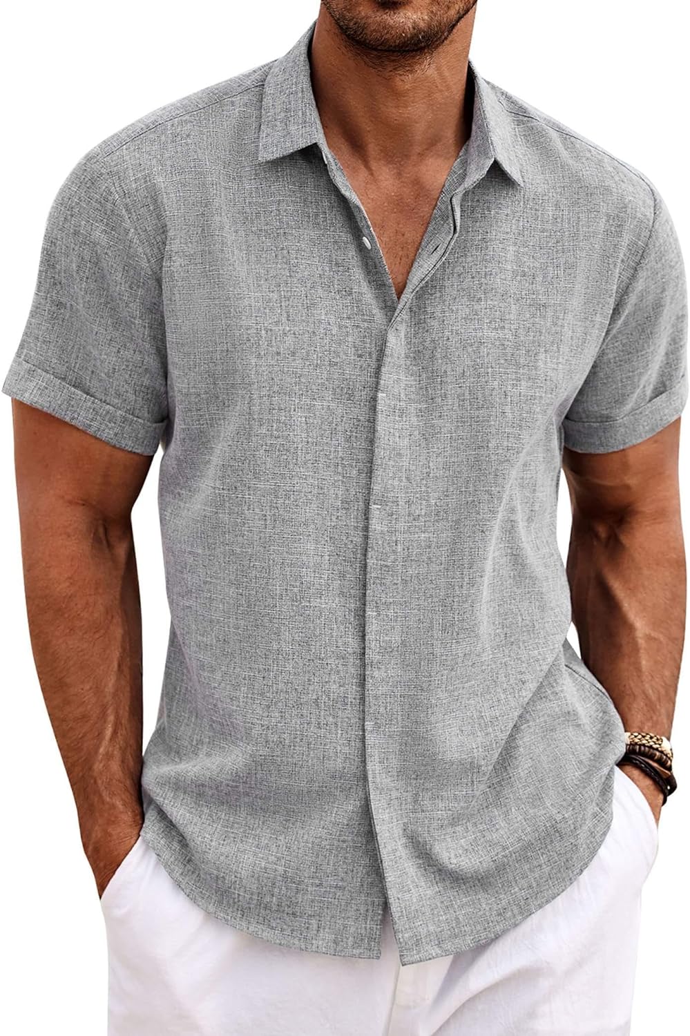 🔥Men's Linen Shirts Short Sleeve Casual Shirts Button Down Shirt for Men Beach Summer Wedding Shirt