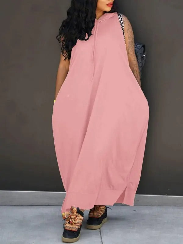 š„Last day promotionā°-Women's Plain Drawstring Hooded Tank Dress, Casual Pocket Sleeveless Maxi Dress for Summer, Fashion Women's Clothing for Daily Wear