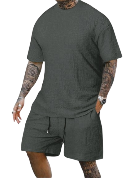 8 Pack-Men's Solid Textured Round Neck Tee & Drawstring Waist Shorts