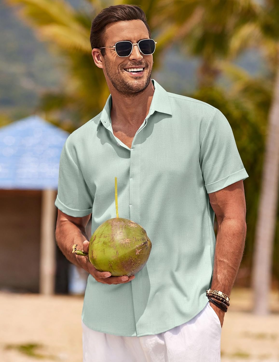🔥Men's Linen Shirts Short Sleeve Casual Shirts Button Down Shirt for Men Beach Summer Wedding Shirt