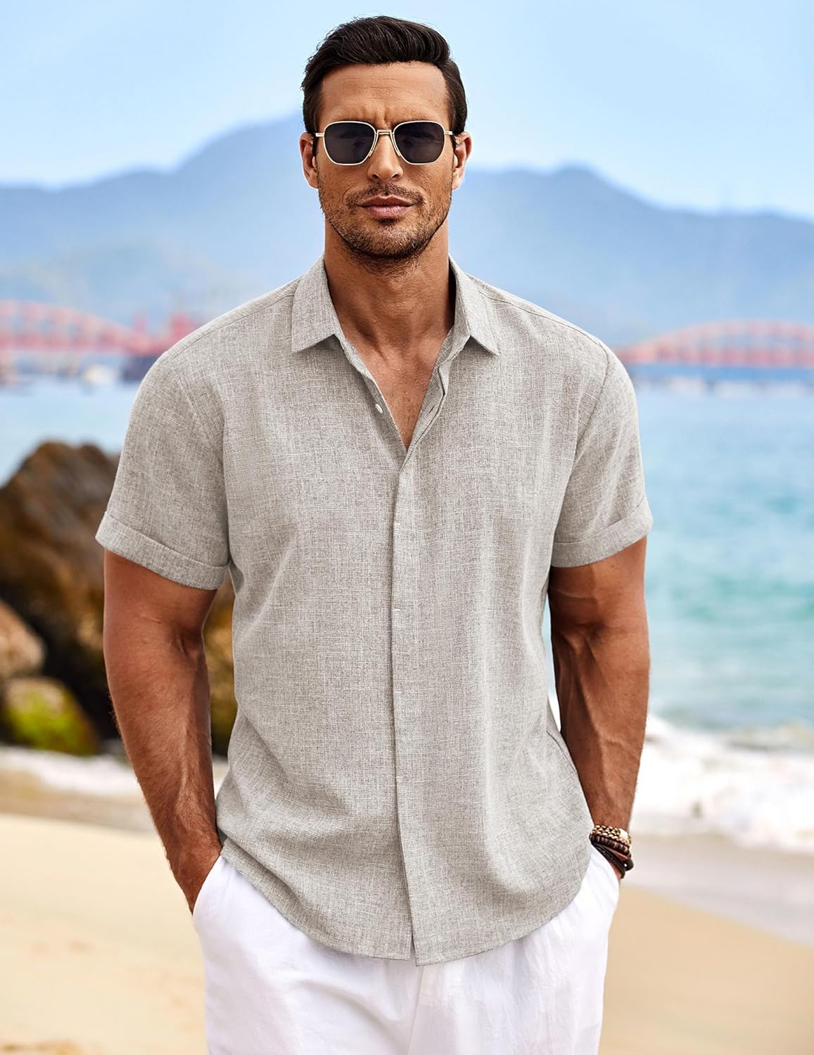 🔥Men's Linen Shirts Short Sleeve Casual Shirts Button Down Shirt for Men Beach Summer Wedding Shirt