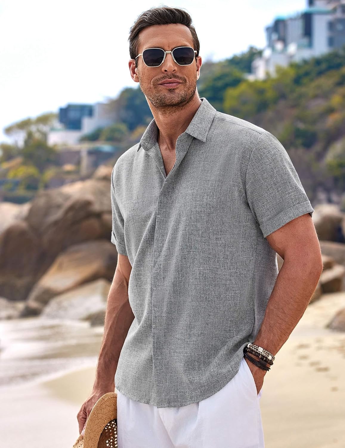 🔥Men's Linen Shirts Short Sleeve Casual Shirts Button Down Shirt for Men Beach Summer Wedding Shirt