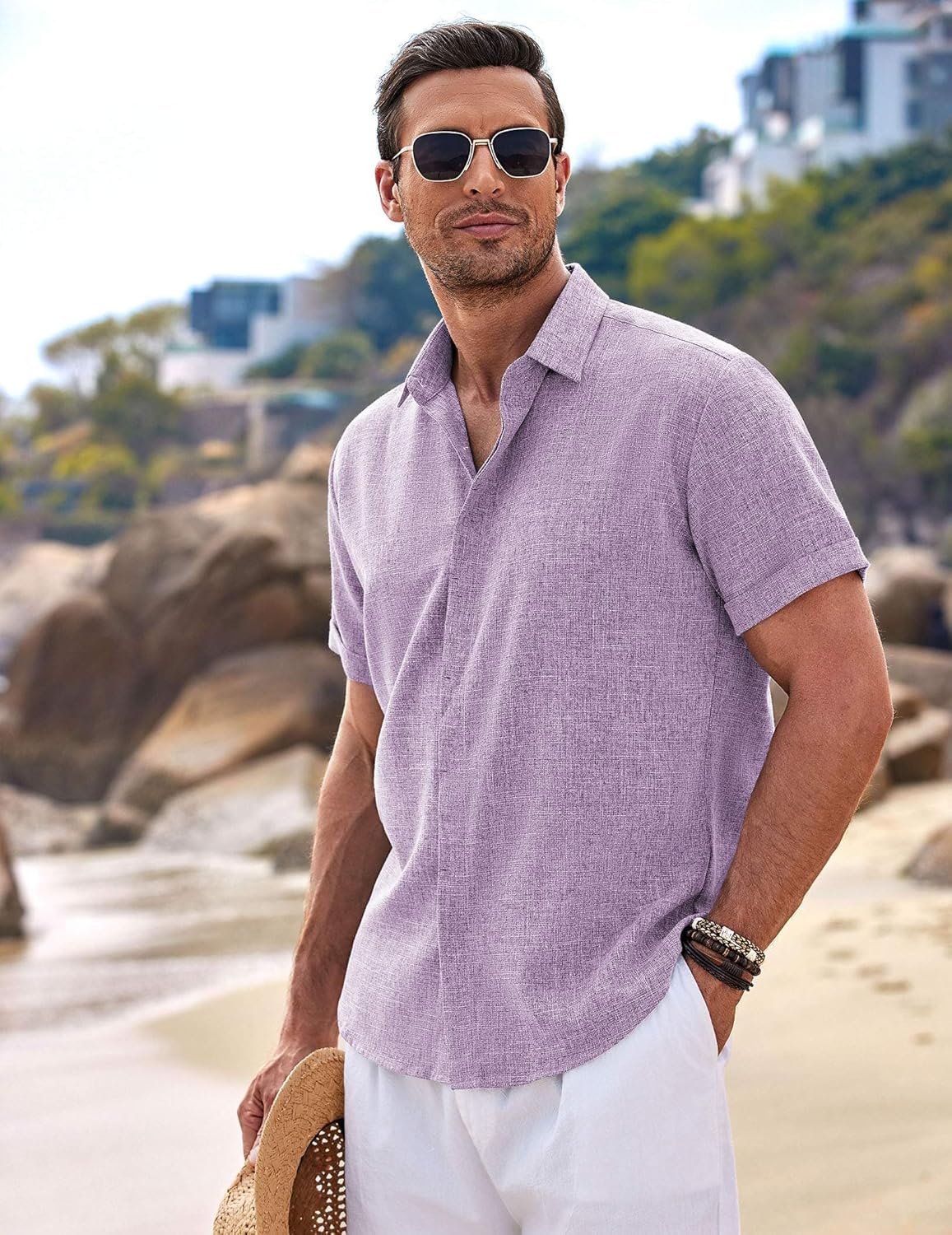 🔥Men's Linen Shirts Short Sleeve Casual Shirts Button Down Shirt for Men Beach Summer Wedding Shirt