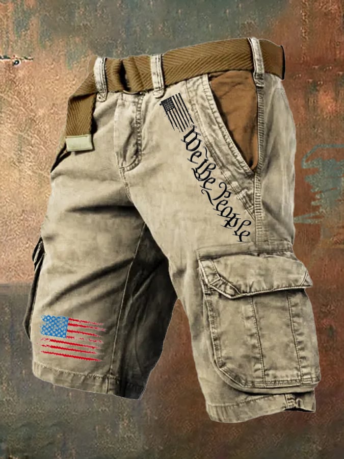 Men's Vintage Flag Independence Day Multi-Pocket Print Cargo Shorts (Belt Included)