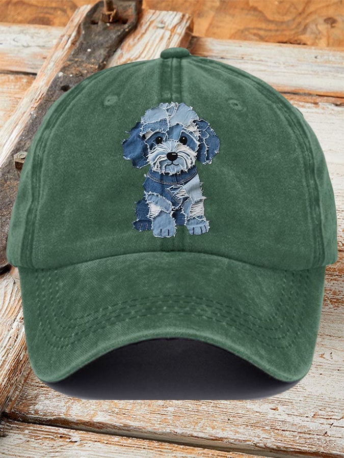 Unisex Retro Funny Denim Patch Animal Dog Print Baseball Cap