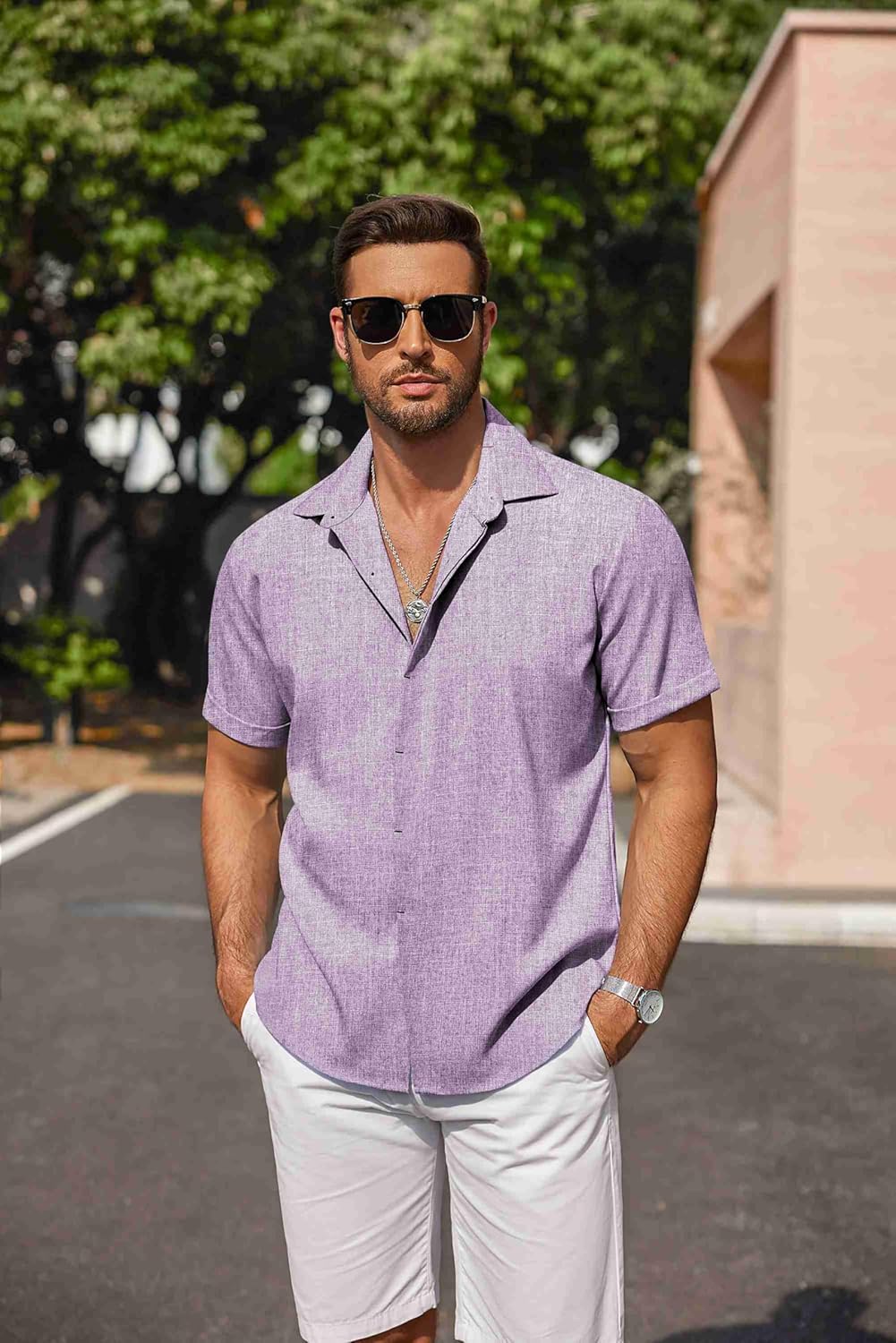 🔥Men's Linen Shirts Short Sleeve Casual Shirts Button Down Shirt for Men Beach Summer Wedding Shirt