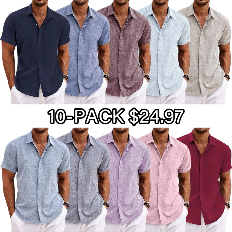 🔥Men's Linen Shirts Short Sleeve Casual Shirts Button Down Shirt for Men Beach Summer Wedding Shirt