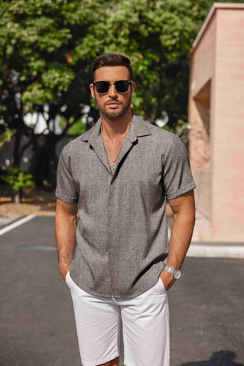 🔥Men's Linen Shirts Short Sleeve Casual Shirts Button Down Shirt for Men Beach Summer Wedding Shirt