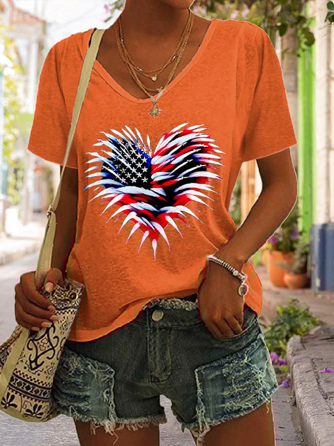 Retro Independence Day Flag Heart Fireworks Print V-Neck T-Shirt
