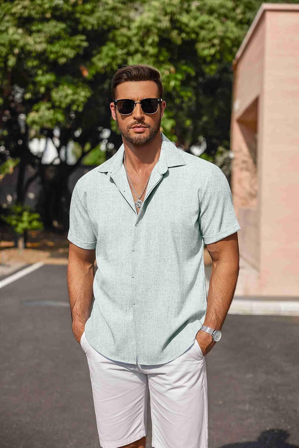 🔥Men's Linen Shirts Short Sleeve Casual Shirts Button Down Shirt for Men Beach Summer Wedding Shirt