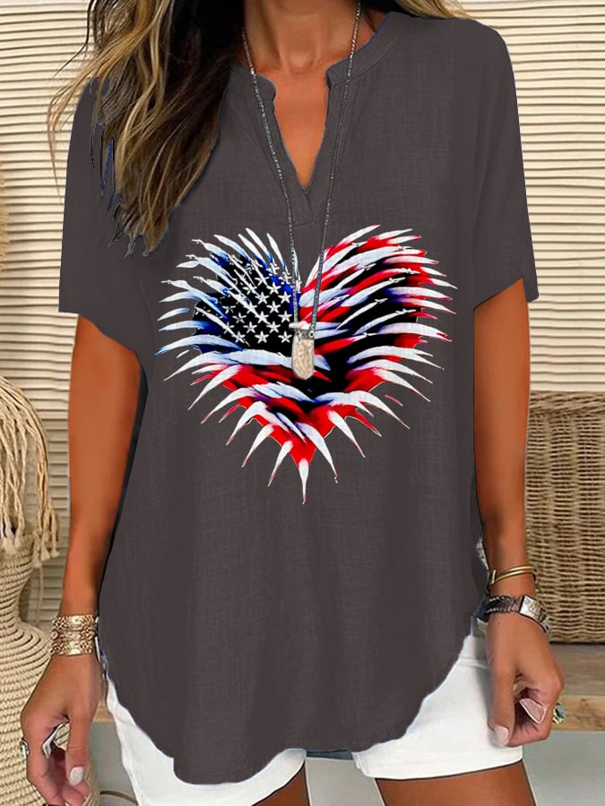 Women's Retro Independence Day Flag Heart Fireworks Print Short Sleeve Shirt