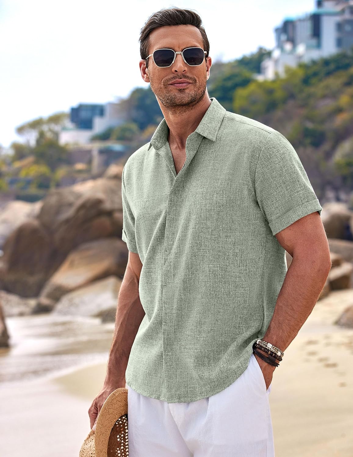 🔥Men's Linen Shirts Short Sleeve Casual Shirts Button Down Shirt for Men Beach Summer Wedding Shirt