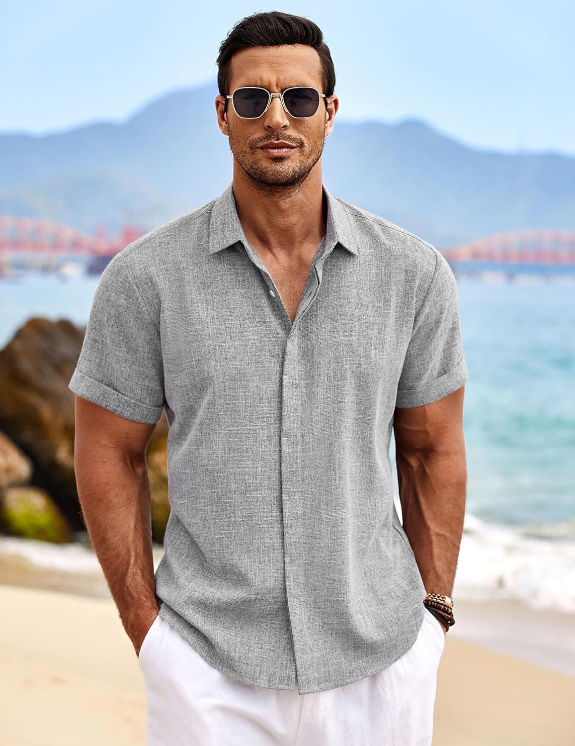 🔥Men's Linen Shirts Short Sleeve Casual Shirts Button Down Shirt for Men Beach Summer Wedding Shirt