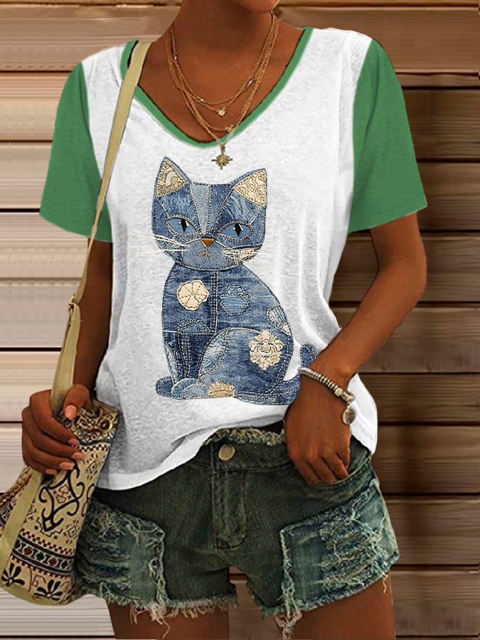 Women's Retro Animal Cat Print T-Shirt