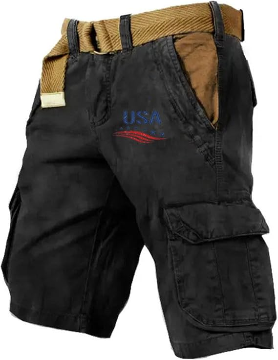 Men's Vintage Flag Independence Day Multi-Pocket Print Cargo Shorts (Belt Included)